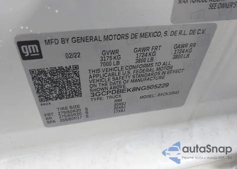 2022 Chevrolet Silverado 1500 4Wd Short Bed Custom z USA, uszkodzony, nr VIN 3GCPDBEK8NG505229